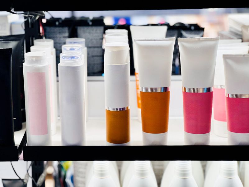 collection of sleek cosmetic bottles and tubes with various designs arranged on a shelf.