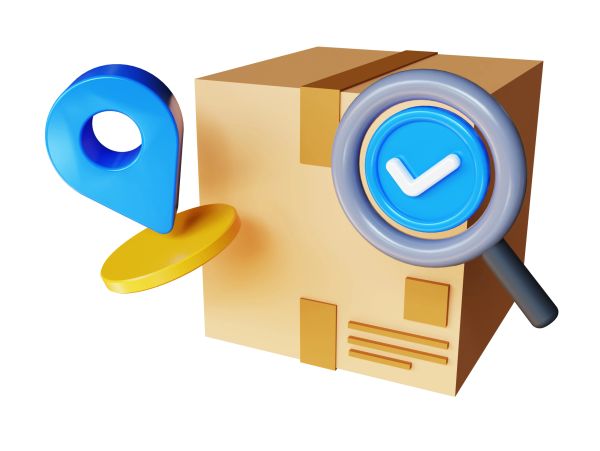 3D parcel with location pin and checkmark magnifier.
