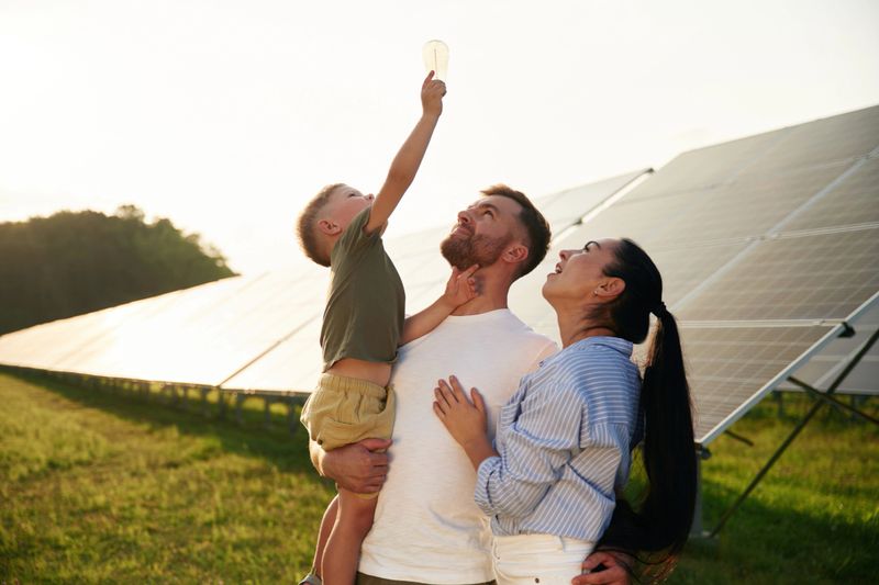 Light bulb in the hand. Father, mother and little son are outdoors near solar panels.