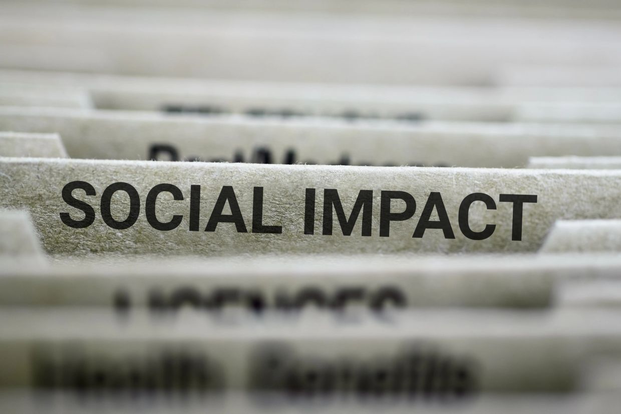 File tab labeled 'SOCIAL IMPACT' in focus among blurred tabs.