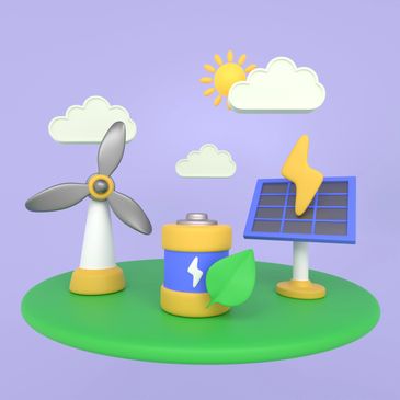 3D illustration of renewable energy symbols: wind turbine, battery, and solar panel.