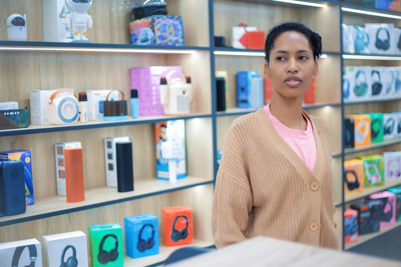 With focus and deliberation, a woman browses through phone accessories in an electronics shop, searching for the right fit for her mobile.