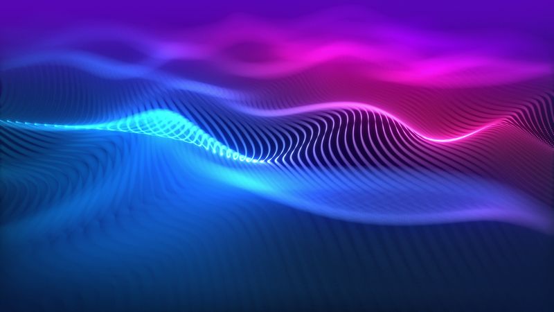 Particles wave Cyber or technology background. Abstract seamless loop of mesh glowing red dots digital luxurious sparkling wave particles flows background, Motion of digital data flow.