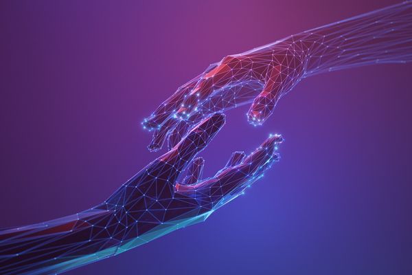 Digital polygonal hands reaching towards each other on a purple background.