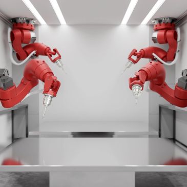 Four red robotic arms with precise tools in a clean industrial setting.