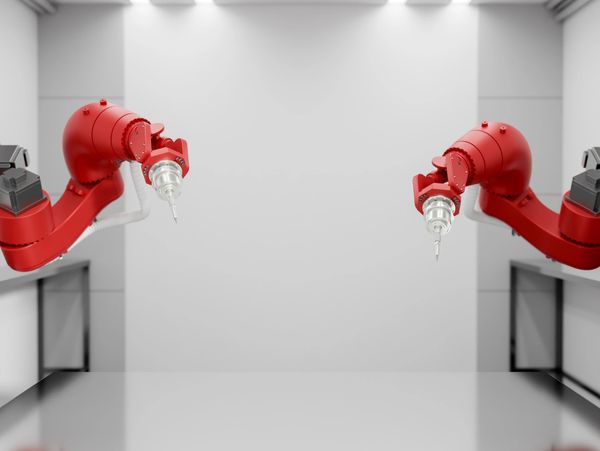 Two red robotic arms facing each other on a metal table in a clean, white room.