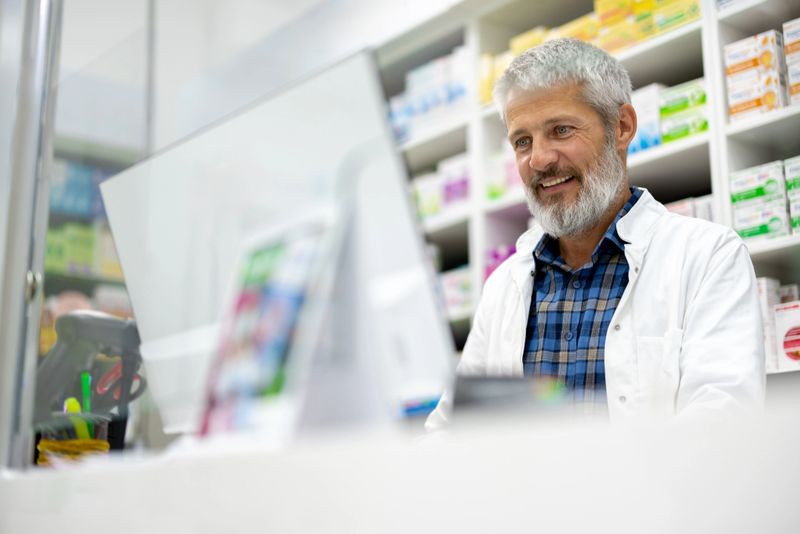 Mature, experienced pharmacist working on the computer at his pharmacy