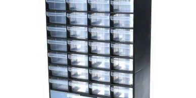 A black storage organizer with multiple small transparent drawers.