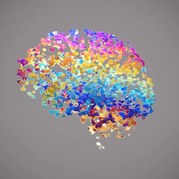 Colorful abstract brain illustration with vibrant, scattered dots on a gray background.