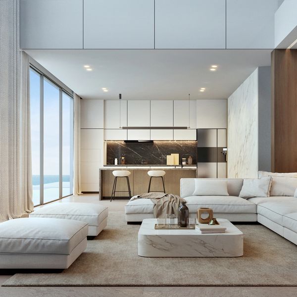 Modern living room with ocean view and minimalist design.