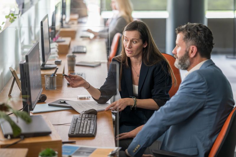 A mid adult Caucasian woman and a mature male executive discuss strategies using a computer in a sleek, contemporary office environment.