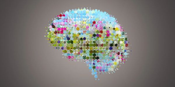 Colorful puzzle pieces form a brain shape on a gray background.