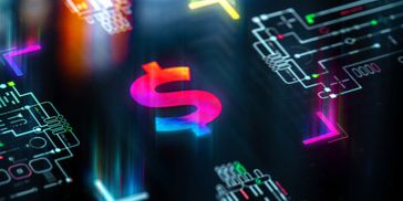 Glowing digital dollar sign with colorful circuitry background.