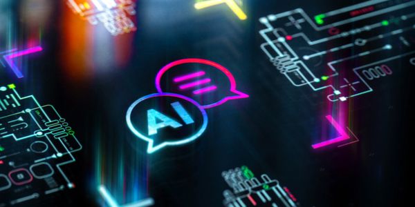 Glowing AI chat icons surrounded by neon circuit patterns on a dark background.