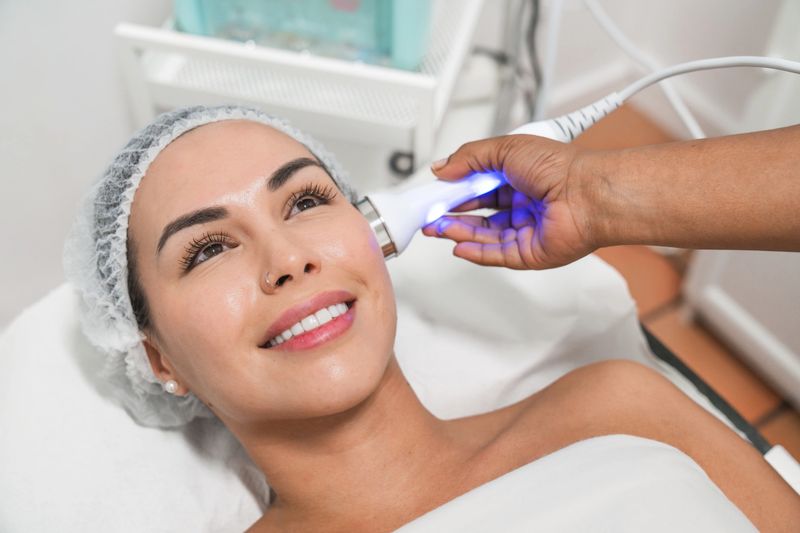 Beautician is applying a laser treatment on a smiling woman's face inside a beauty salon