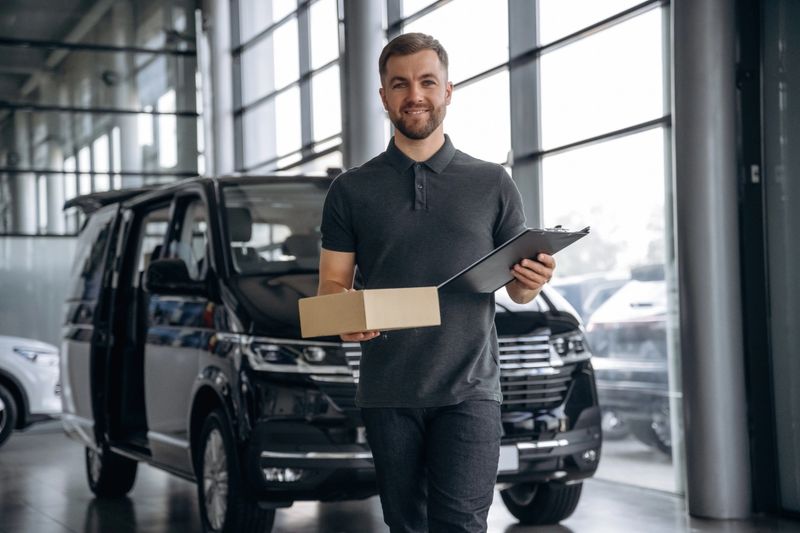 Fast delivery service, standing. Man loader is near the car with a box.