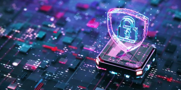 Glowing digital lock and shield symbolizing cybersecurity on a futuristic circuit board.