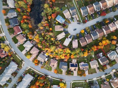 Aerial view of Ontario residential properties, representing estate title transfers in Ontario