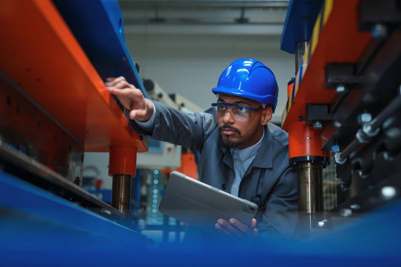Engineer, with a blue helmet and safety glasses, checking manufacturing machinery, regulating the automatization process on a tablet, close up shot.