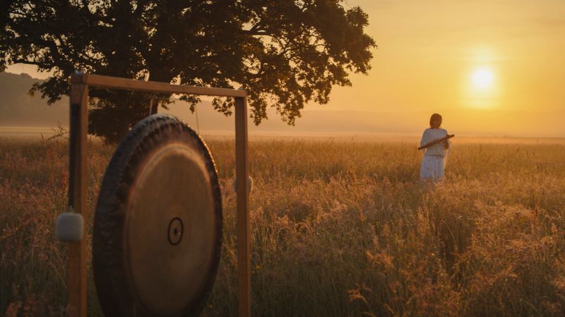 A serene woman in white plays a flute in a lush meadow, near a large gong, as the sun sets, bathing the scene in golden hues.