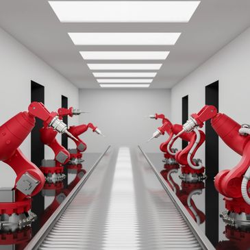 Red robotic arms line a conveyor belt in a modern factory setting.