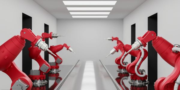 Red robotic arms lined up in a sleek, modern factory space.