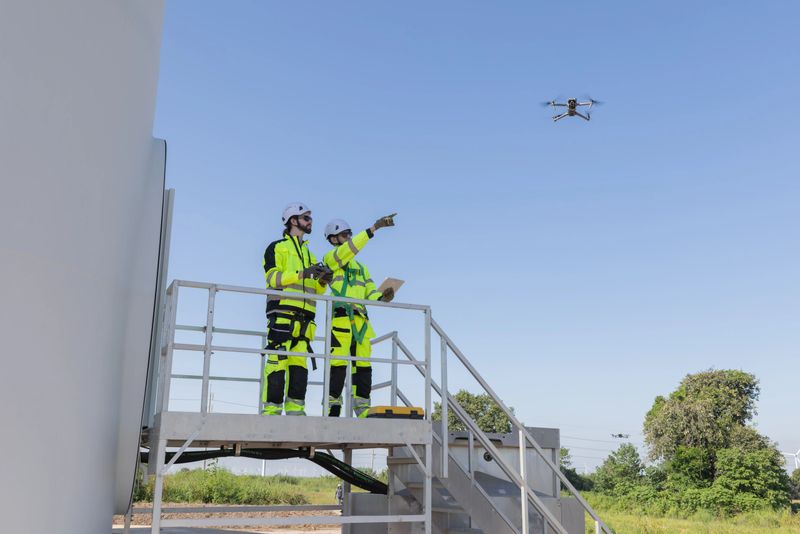 Engineers use drone to survey and inspect large wind turbine in order to convert wind energy into electricity