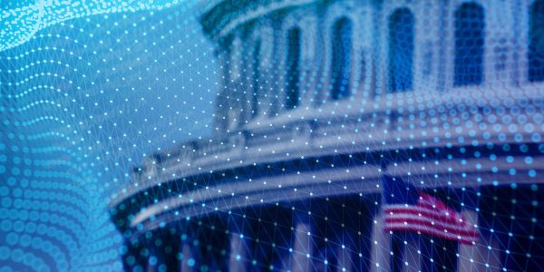 Abstract image of US Capitol with digital network overlay.