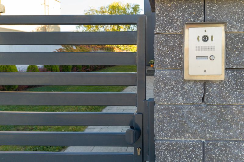 Modern metal gate with an intercom system mounted on a textured stone wall in a residential setting
