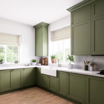Modern kitchen with olive green cabinets and white countertops under bright natural light.