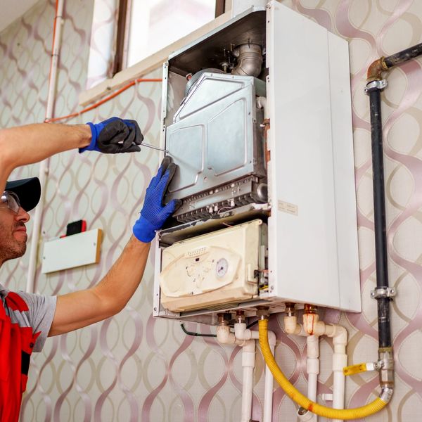 Technician repairing a wall-mounted boiler with tools and gloves.