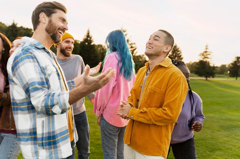 Group of diverse young adults are laughing and having fun together in a park on a sunny day