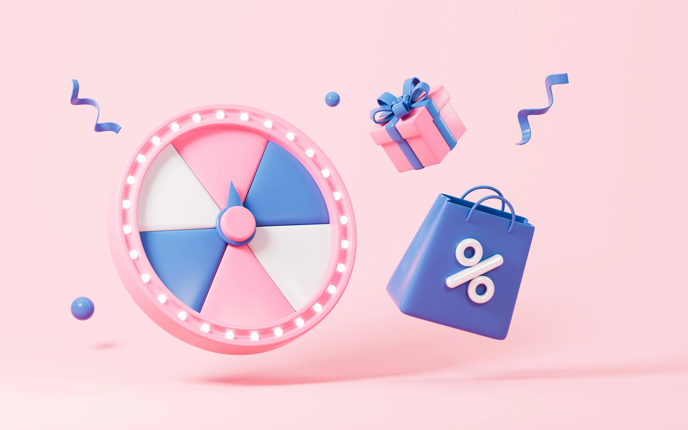 Colorful spinning wheel with gift and discount shopping bag