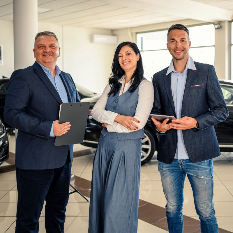 Portrait of vehicle sales team with arms crossed inside car showroom