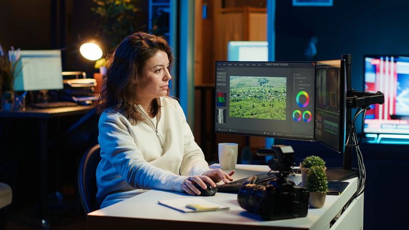 Video editor arrives at work, ready to start analyzing film montage color grading and lighting. Post production studio employee starts shift in creative office, working with raw footage, camera A