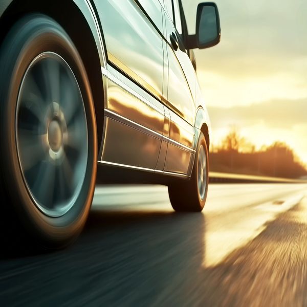 A car is driving down the street at sunset.