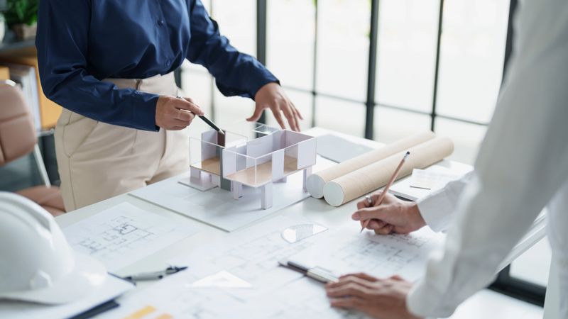 Architecture drawing on architectural Creative project business architecture building construction Industrial engineering Achievement Planning Design on blueprint eco