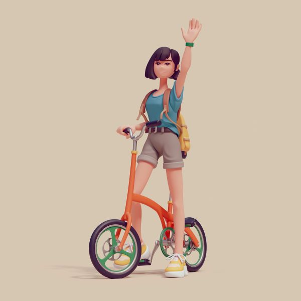A girl on an orange bike waving with one hand.