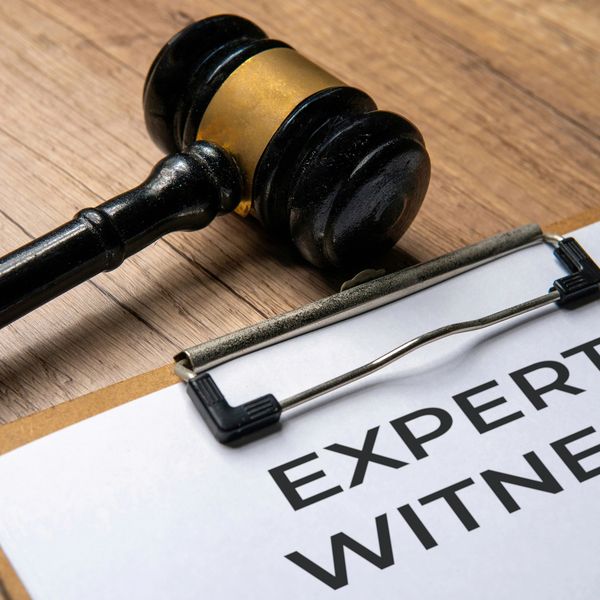 A gavel and clipboard with 'Expert Witness' text on a wooden surface.