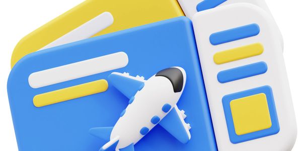 3D illustration of a blue and yellow airplane ticket with a small plane on top.