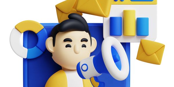 3D illustration of digital marketing with a person and megaphone on a laptop screen.