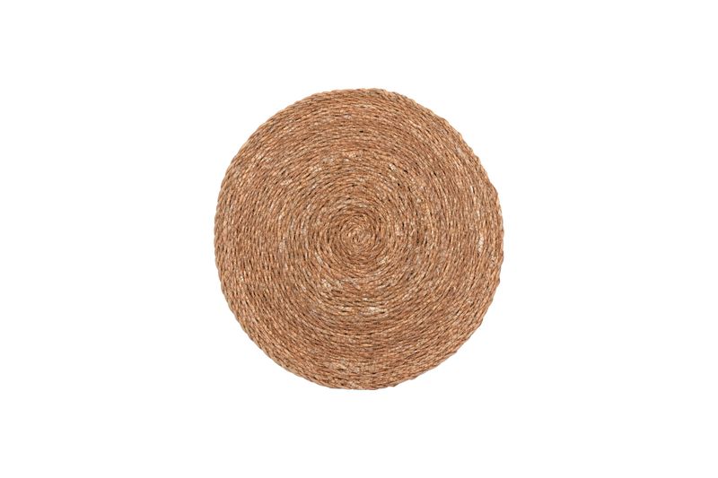 This image features a round woven jute placemat, showcasing its natural fiber and eco-friendly design. The handcrafted circular mat adds a rustic and boho touch to any dining table, combining durability with style.