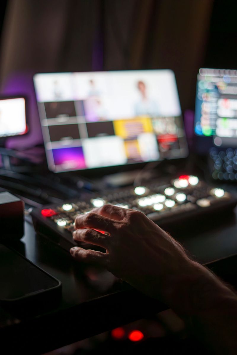 Hands of Experienced Mature Male TV Director Operating Control Panel in Studio During Live Streaming Production