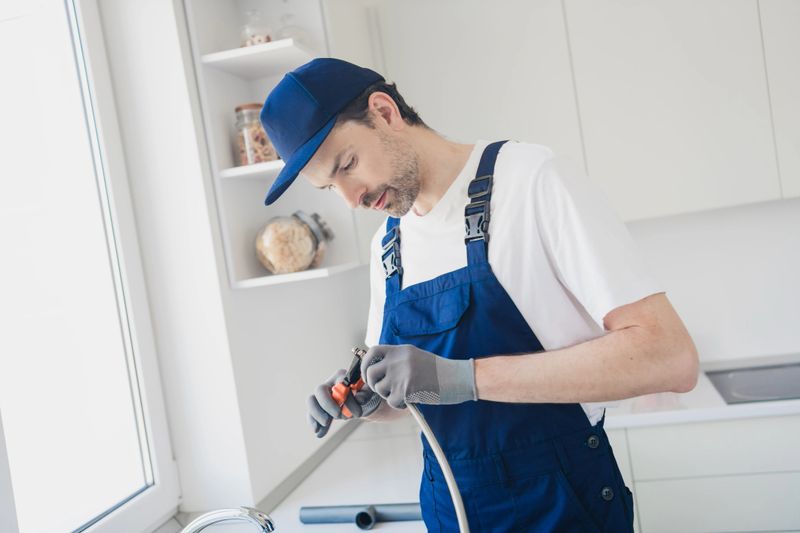 A focused young man works on plumbing tasks, showcasing his handyman skills in a bright, modern kitchen during a home renovation.
