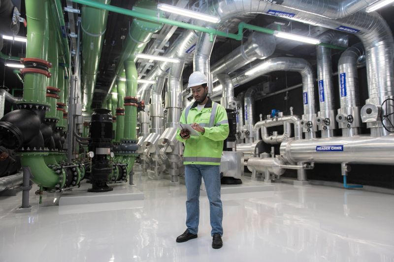 In utility or factory one technician or engineers working on chiller plant room on building technical equipment or industrial site.