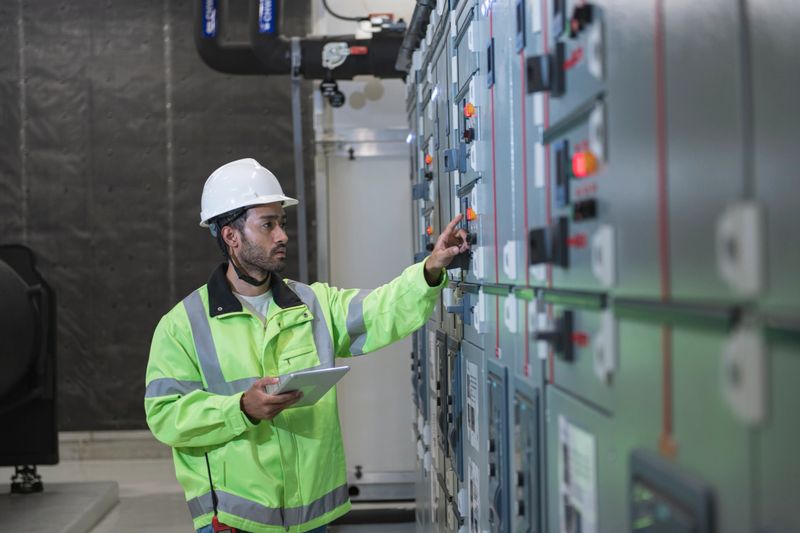 male worker work on panel board in  main distribution station room