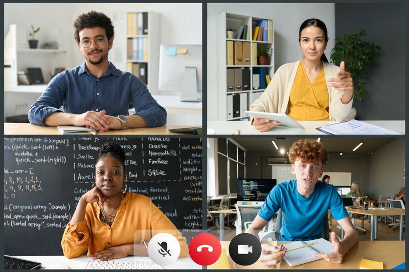 Front view image composition of video chat screen with four multicultural young students speaking, copy space