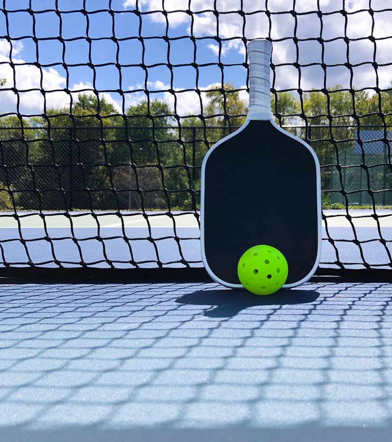 Pickleball paddle and ball with net and room for copy or headline. Blue sky and outdoors.