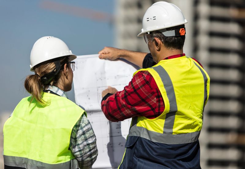 Young female and senior  engineer exemining the project at construction site