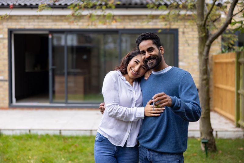 Happy Indian couple hugging and holding the keys of their new house while smiling in the backyard - home ownership concepts